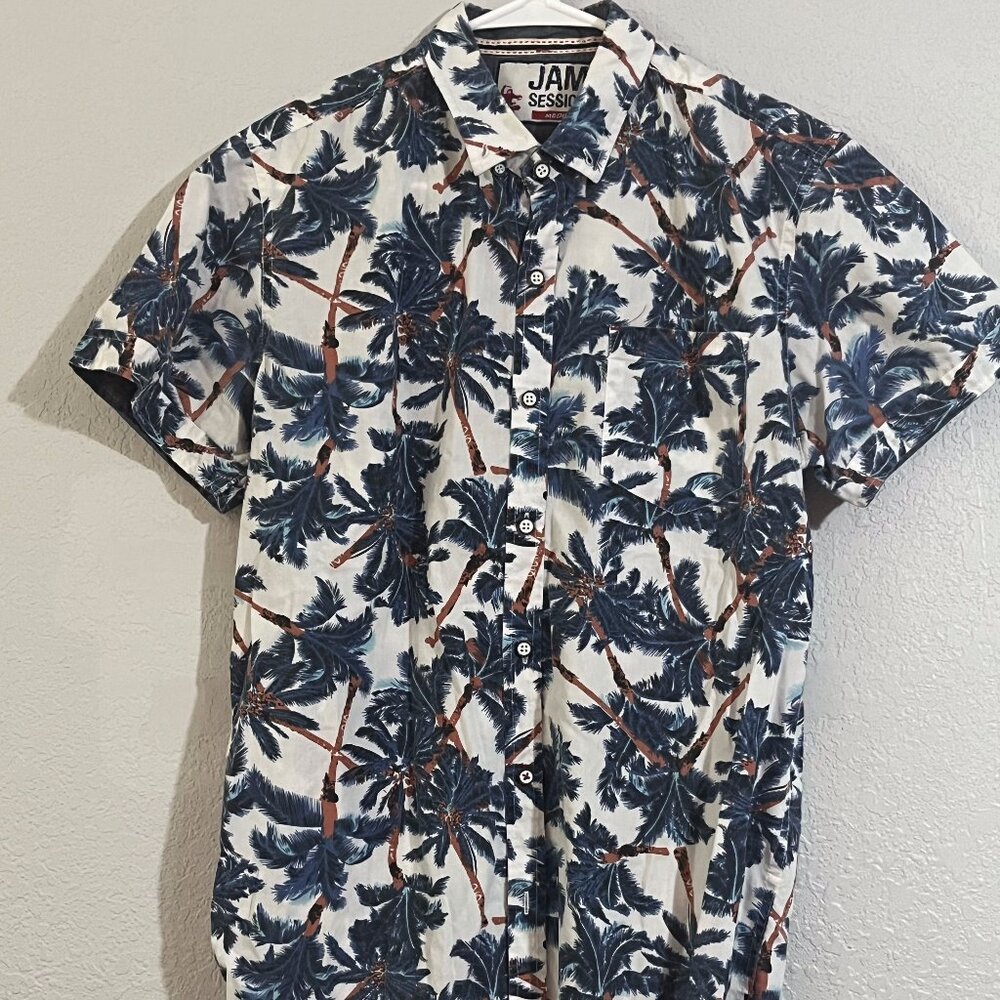 Jam Session Button Shirt Men Medium White Blue AOP Graphic Short Sleeve Slim Fit